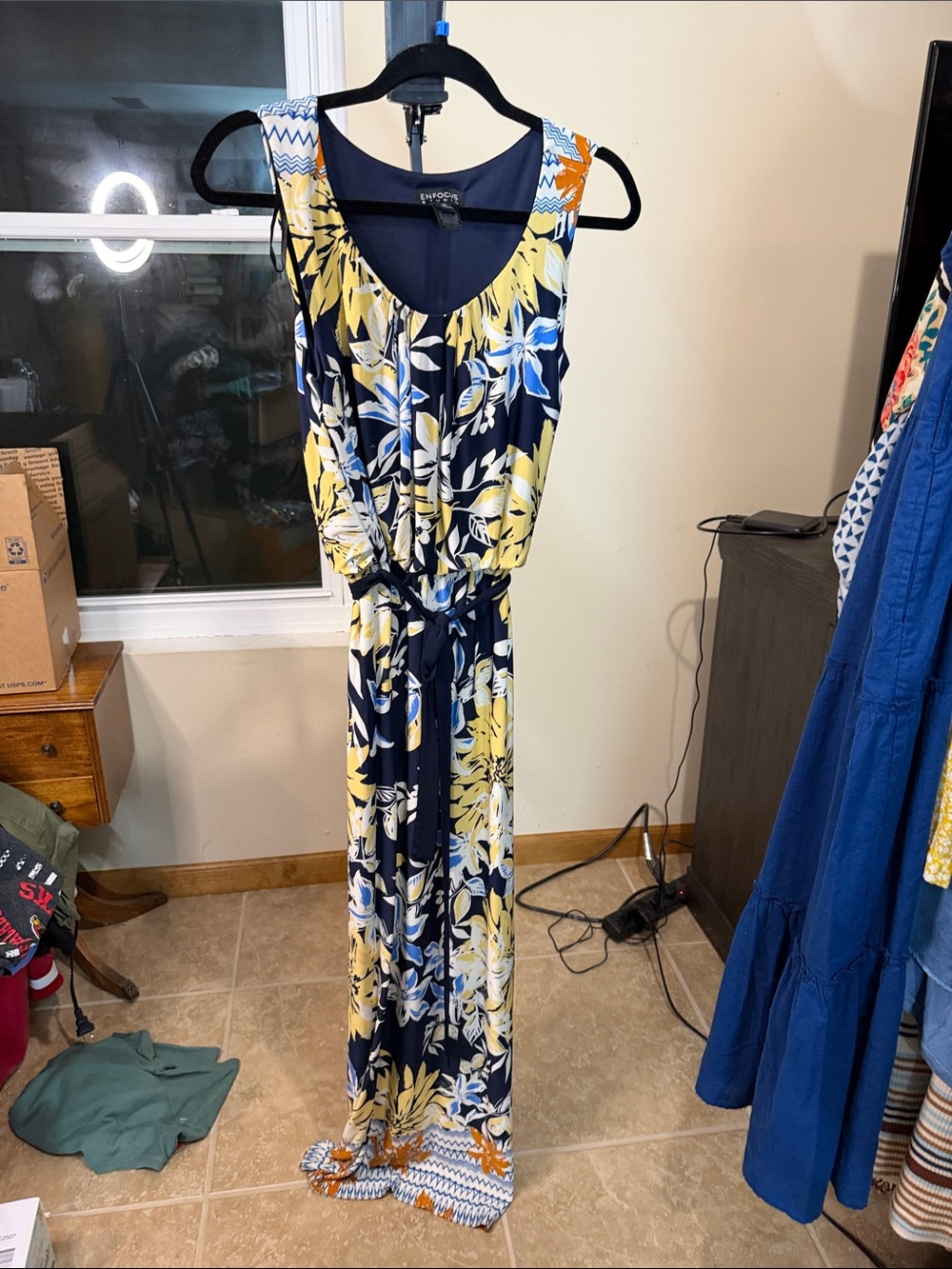 Enfocus Studio Navy Floral Maxi Dress with Yellow and White Accents 2191